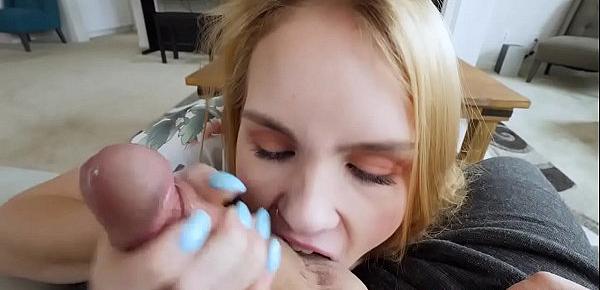  Natalie practices giving stepbro a wet blowjob on the couch